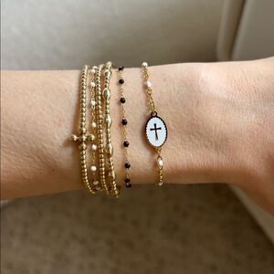 Dainty gold white beaded look adjustable bracelet delicate jeweled chain cross